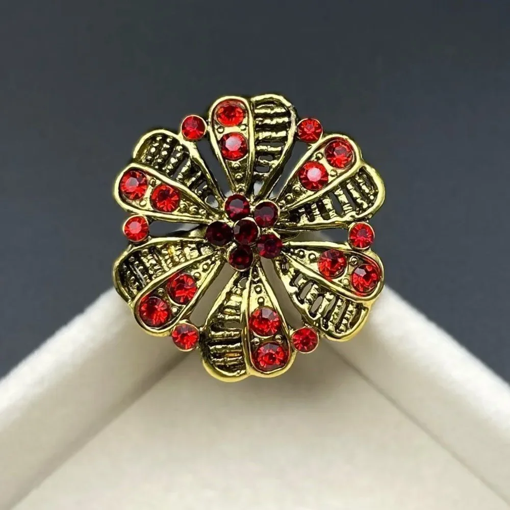 Yellow Gold with Ruby Red and Garnet Red Crystal Round Flower Pin Back Brooch